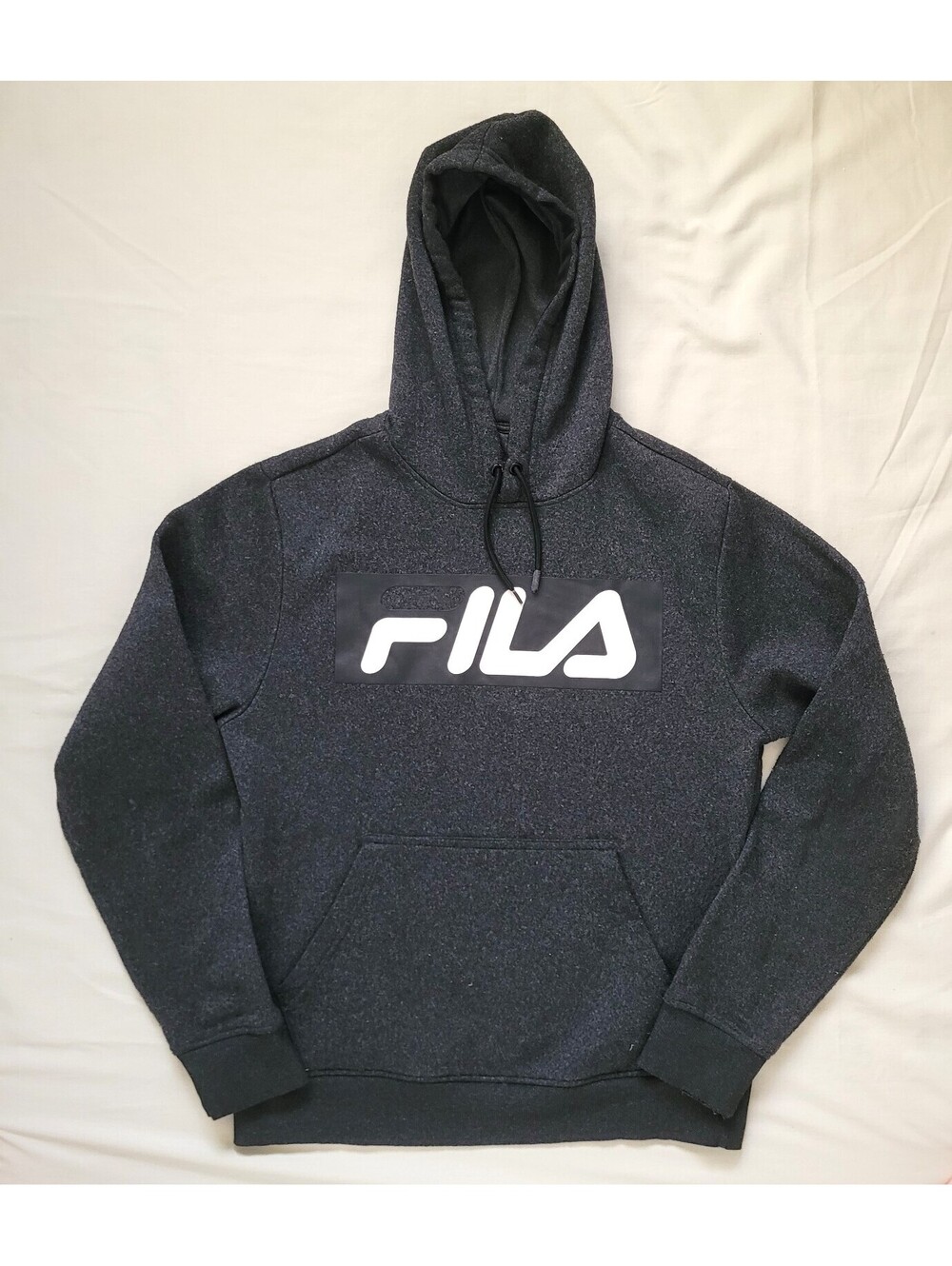 FILA Men's Small Charcoal Gray Pullover Hoodie Big Logo Fleece Sweatshirt